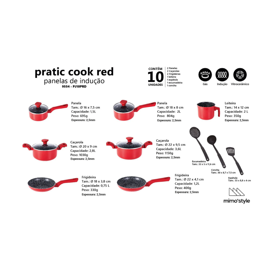 Jogo de Panelas 10 Pçs Indução Red Revestimento Cerâmico