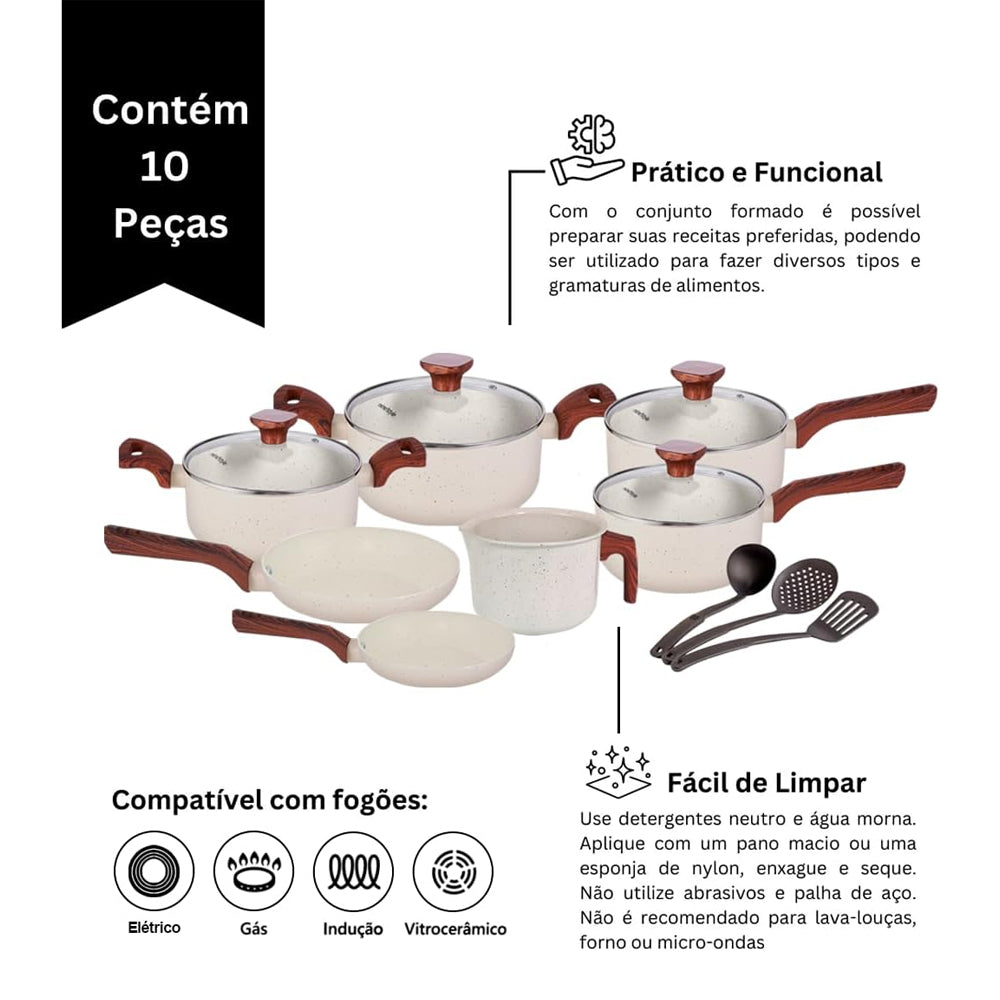 Conjunto Jogo de Panelas Antiaderente Cerâmica Indução 10 Unidades Pratic Cook Marmol Mimo Style