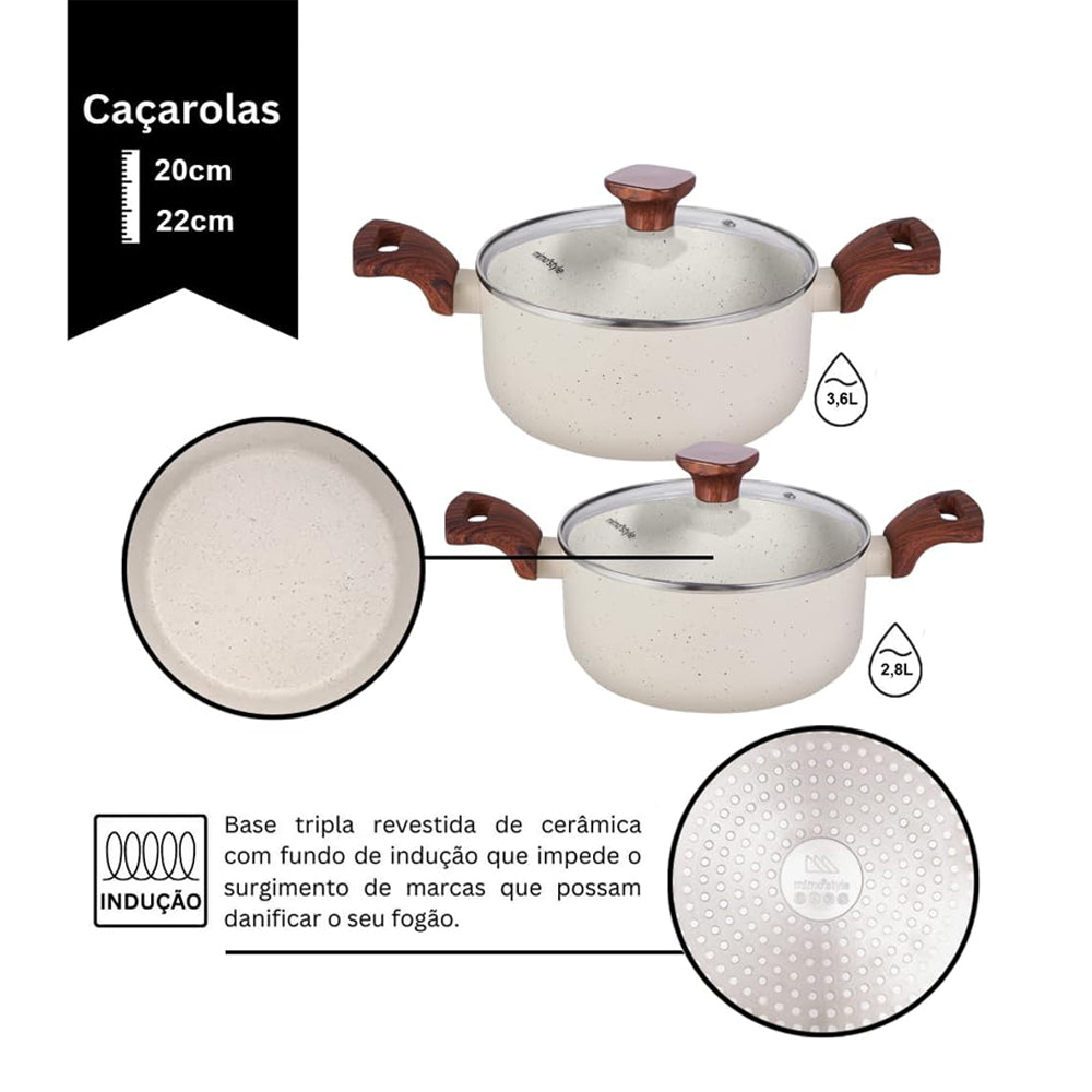 Conjunto Jogo de Panelas Antiaderente Cerâmica Indução 10 Unidades Pratic Cook Marmol Mimo Style