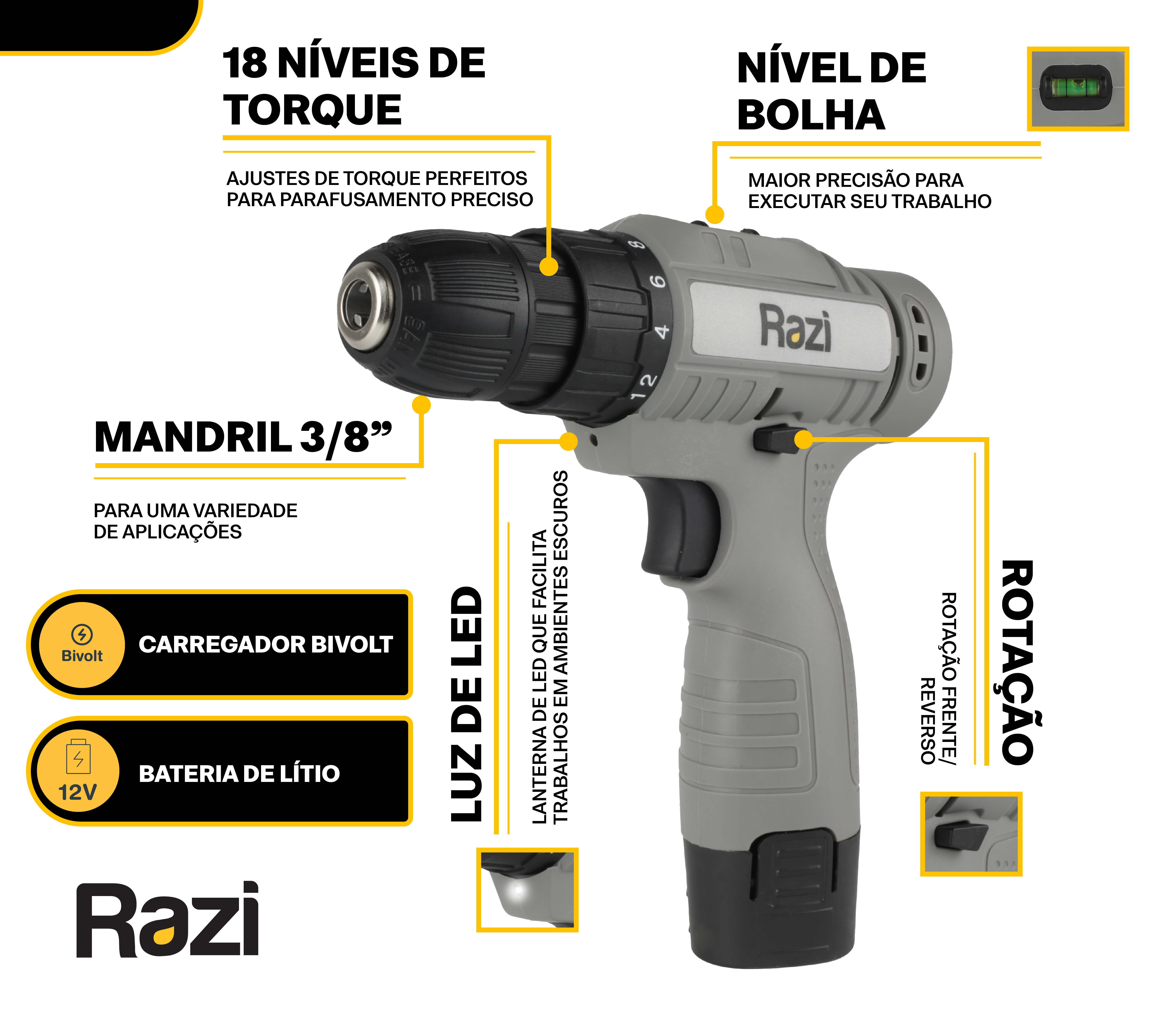 Furadeira Parafusadeira Bateria 12v Razi Bivolt com Acessórios