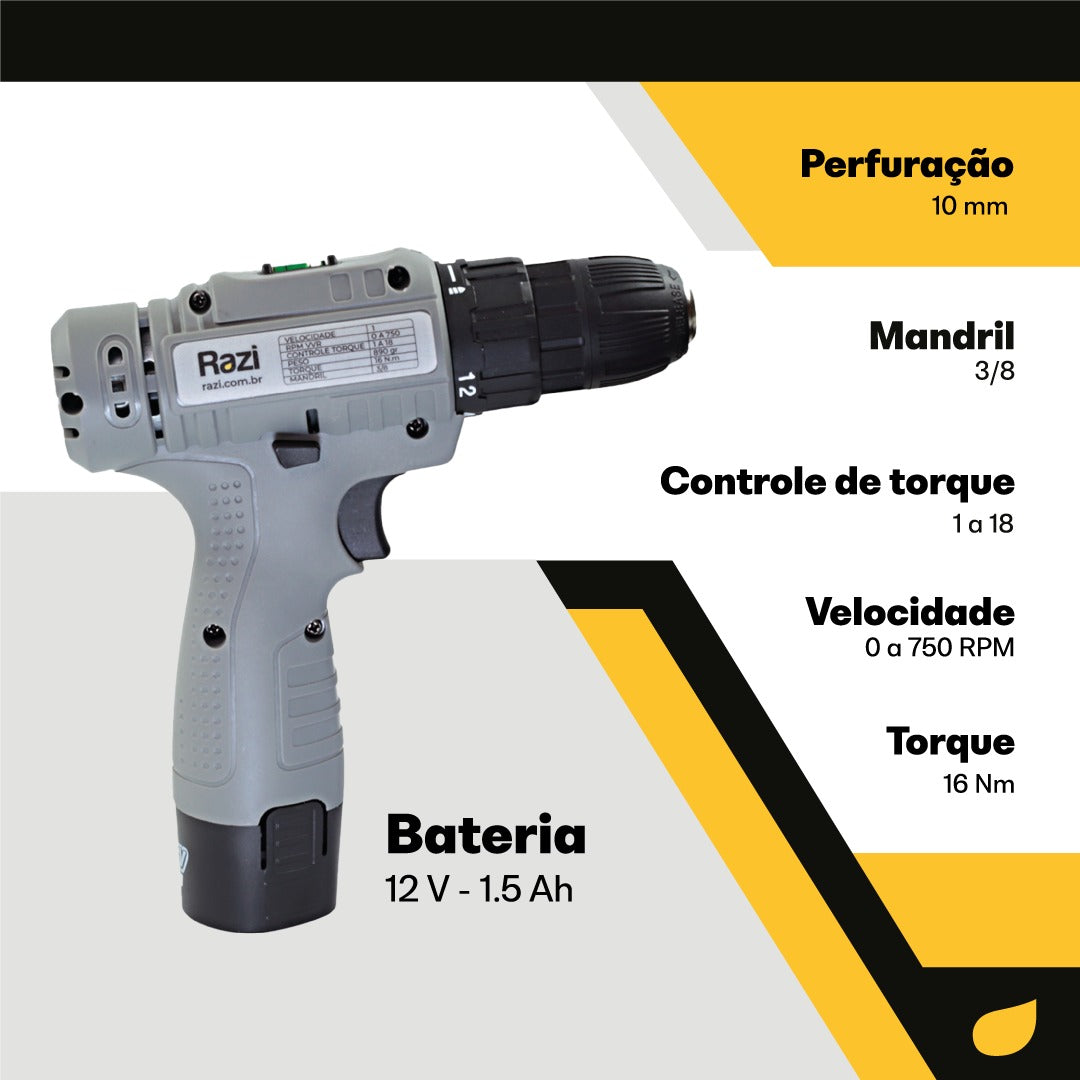 Furadeira Parafusadeira Bateria 12v Razi Bivolt com Acessórios