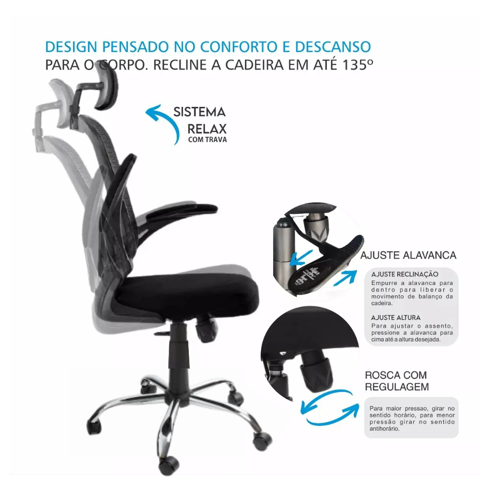 Cadeira de Escritório Ergonômica Giratória SyberFlex com Malha Mesh Respirável