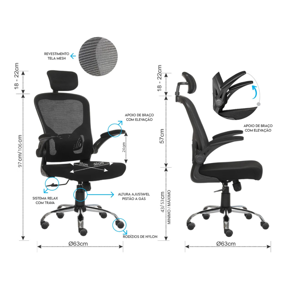 Cadeira de Escritório Ergonômica Giratória SyberFlex com Malha Mesh Respirável