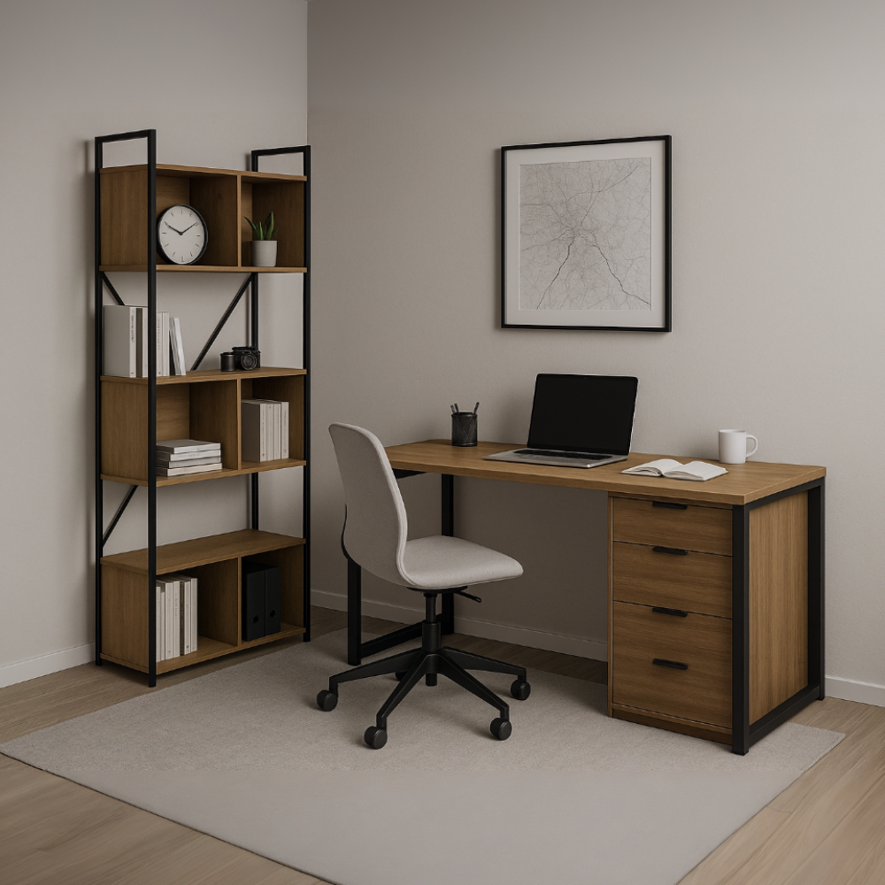 Conjunto Escritório Home Office Moderno Kappesberg com Estante Alta, Mesa e Gaveteiro - Aço e Madeira