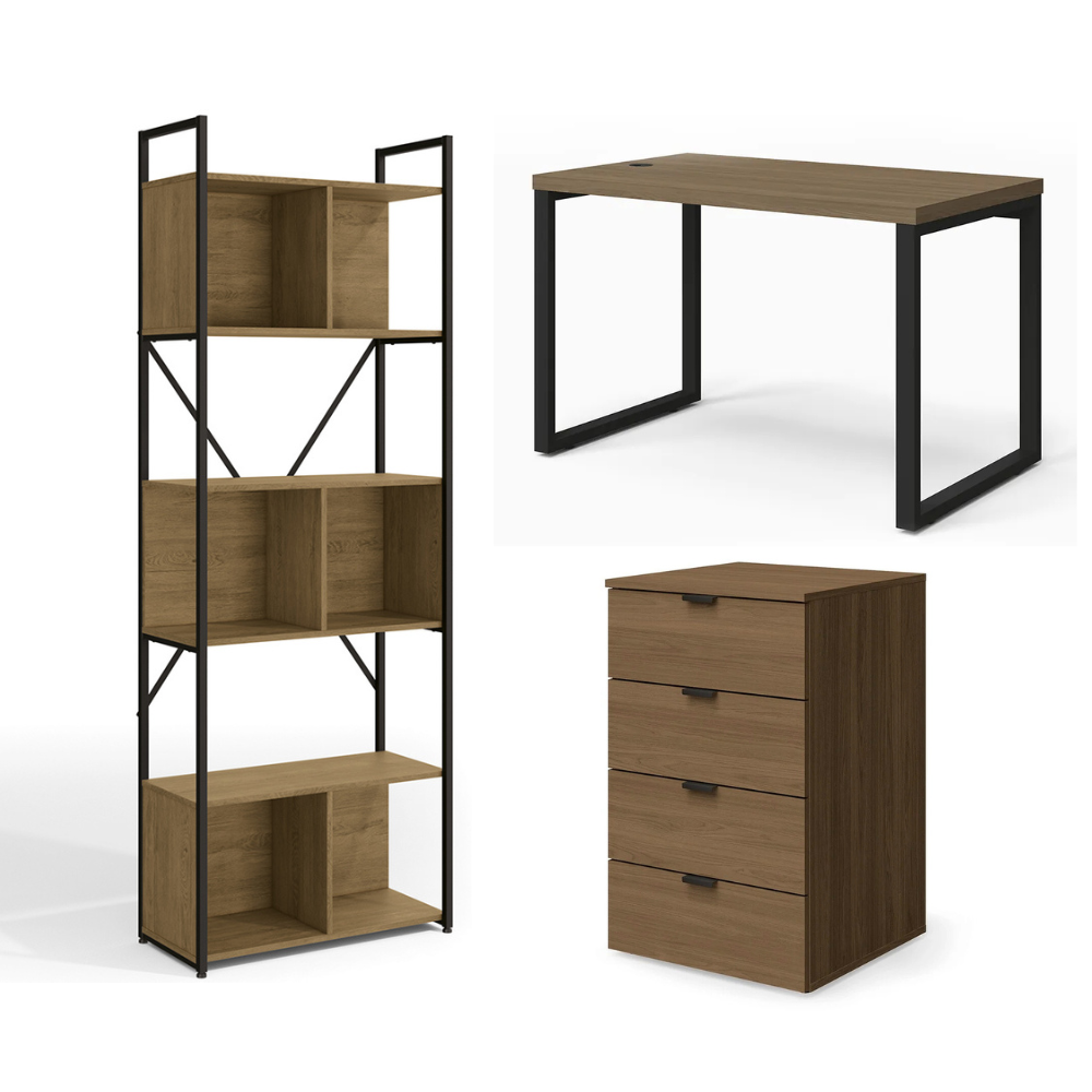 Conjunto Escritório Home Office Moderno Kappesberg com Estante Alta, Mesa e Gaveteiro - Aço e Madeira