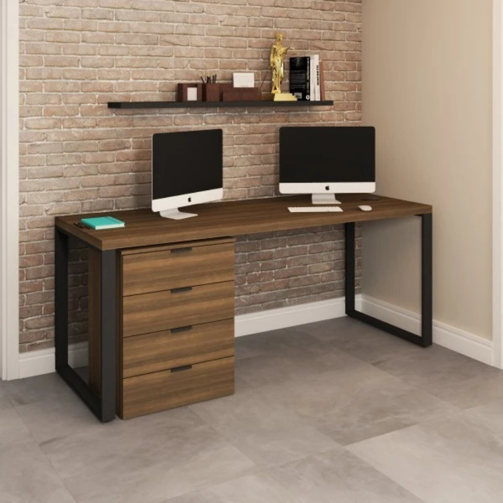 Conjunto Escritório Home Office Moderno Kappesberg com Estante Alta, Mesa e Gaveteiro - Aço e Madeira