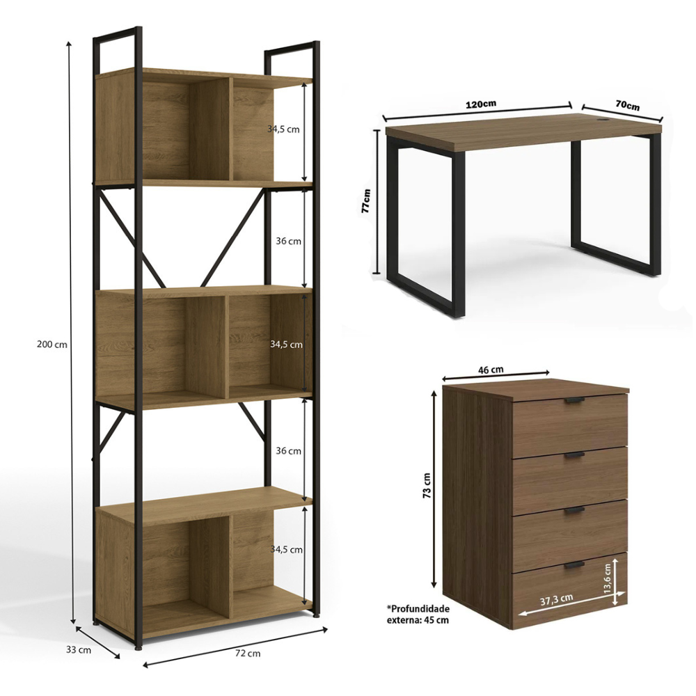 Conjunto Escritório Home Office Moderno Kappesberg com Estante Alta, Mesa e Gaveteiro - Aço e Madeira