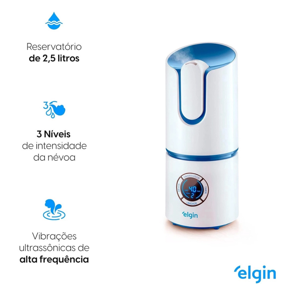 Kit 2 Umidificadores de Ar Ultrassônico Inteligente Bivolt com Medidor de Temperatura e Umidade 2,5L Elgin