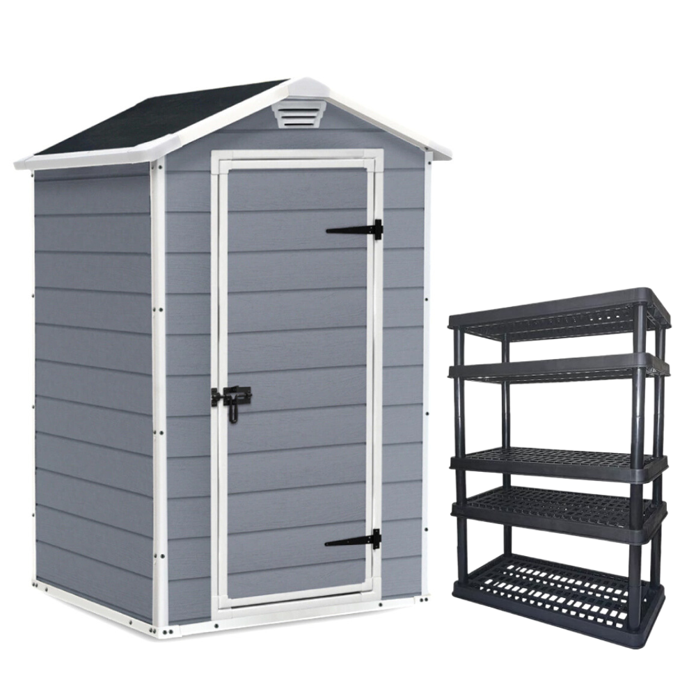 Kit Depósito Jardim Multiuso Área Externa 4x3 Manor Keter + Estante Plástica 5 Níveis