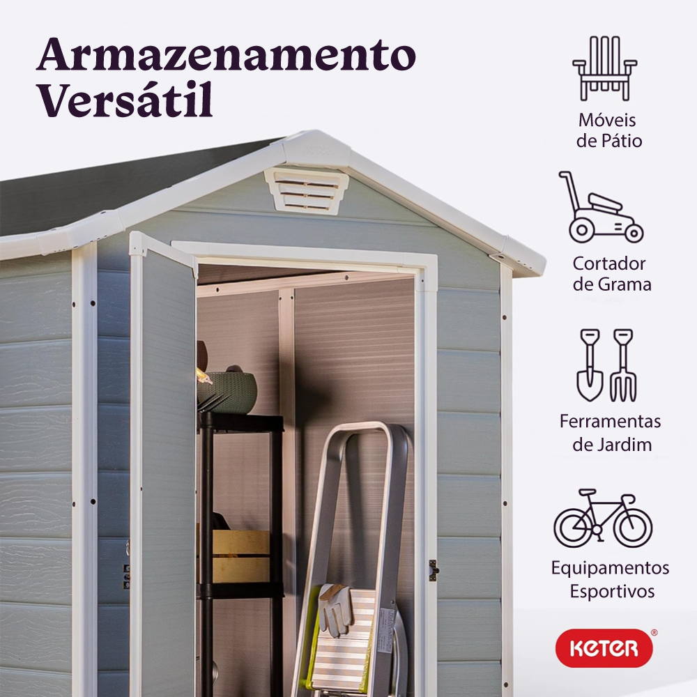 Kit Depósito Jardim Multiuso Área Externa 4x3 Manor Keter + Estante Plástica 5 Níveis