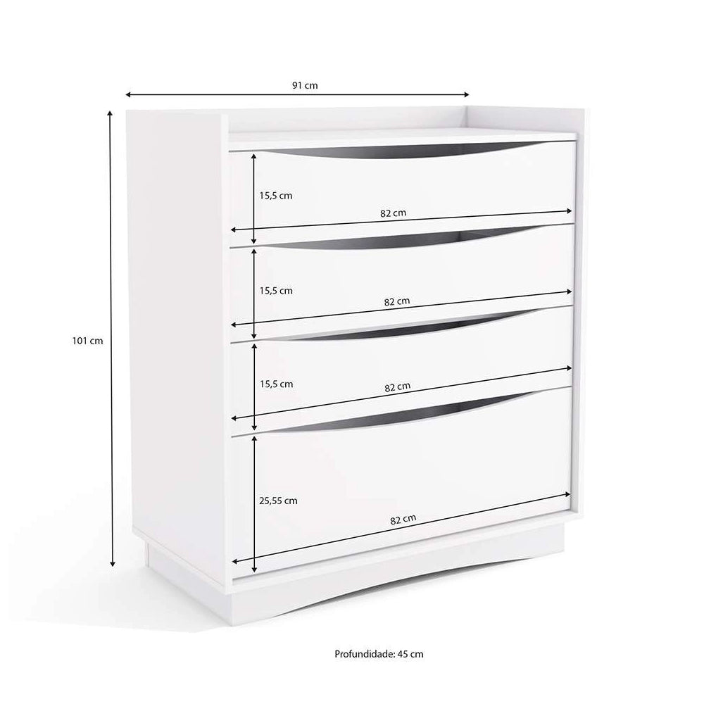 Comoda para Quarto 3 Gavetas e 1 Gavetão Branco Kappesberg