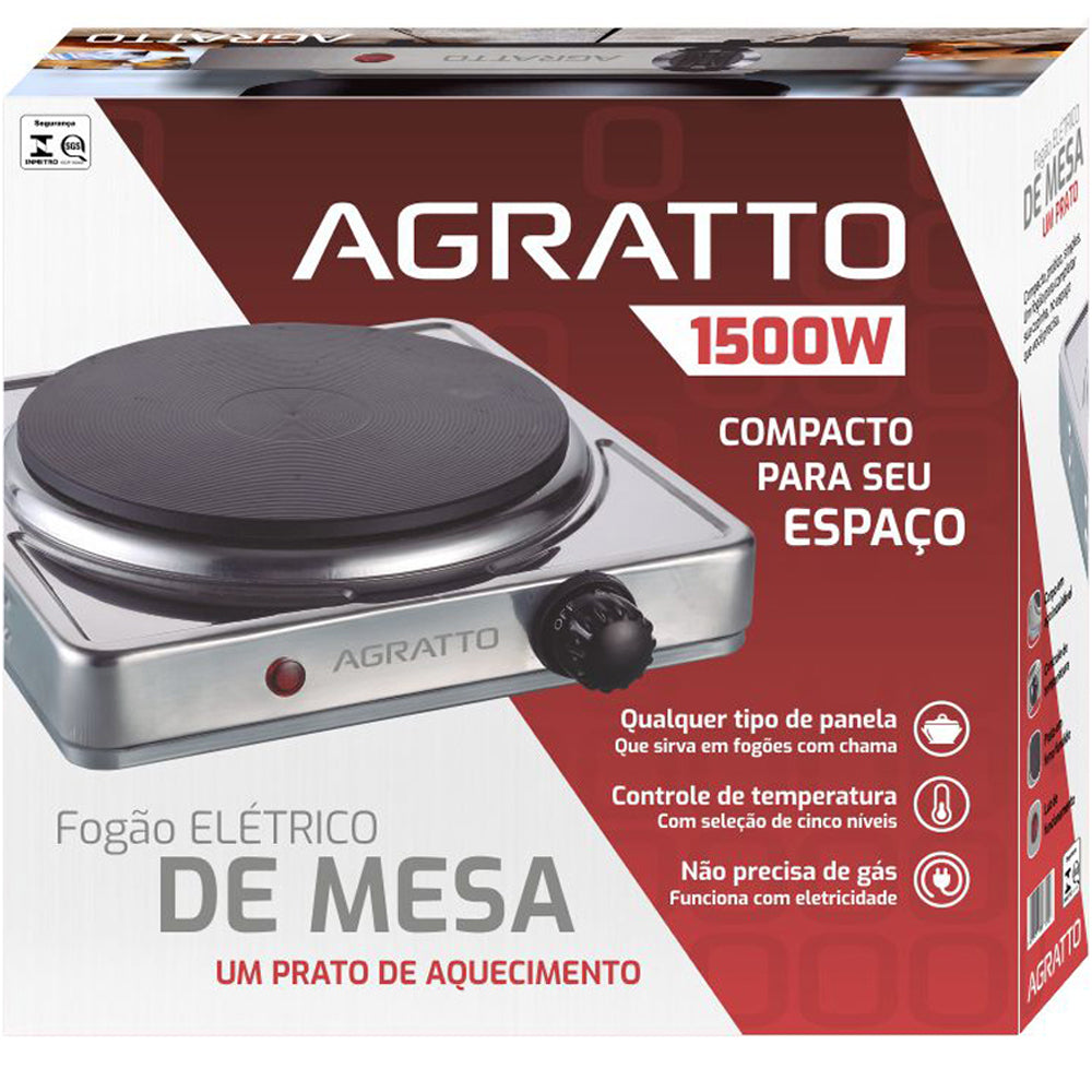 Fogão Elétrico de Mesa 1 Boca Portátil 1500w Inox 220v Agratto