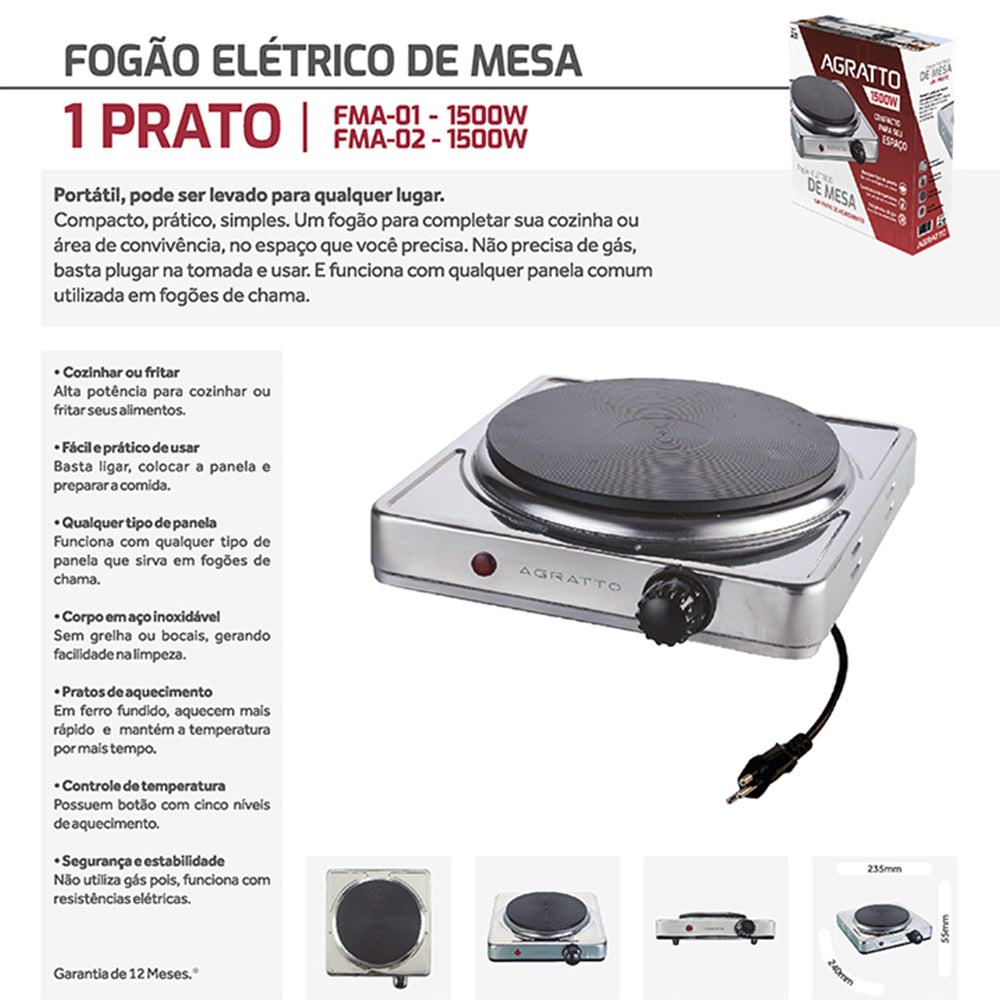 Fogão Elétrico de Mesa 1 Boca Portátil 1500w Inox 220v Agratto