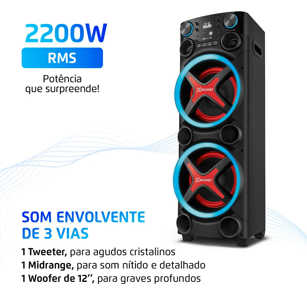 Torre de Som Mondial TM-2200 luzes Bluetooth 2200W RMS APP Bivolt
