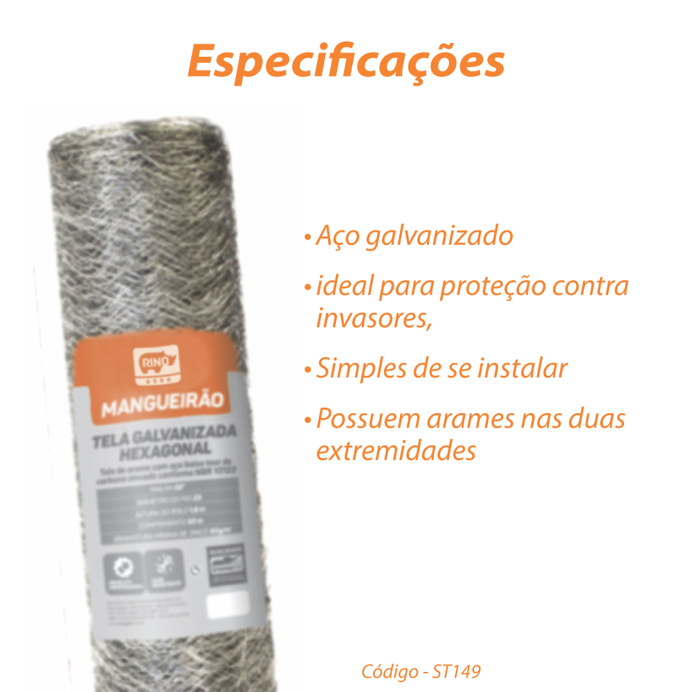 Tela Hexagonal Mangueirão Galv. 3" Fio 16 1,00x50m Rino Agro
