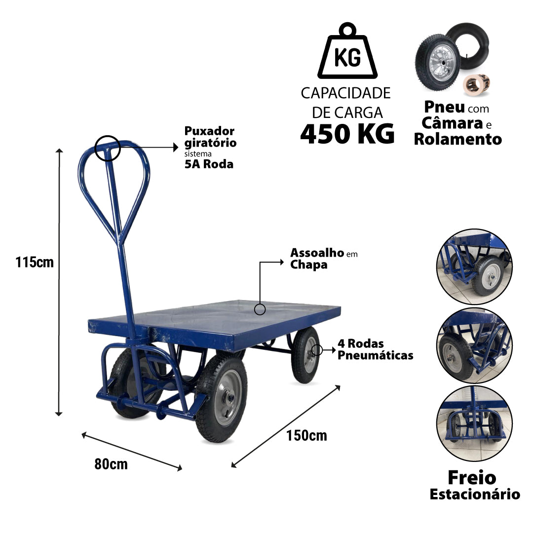 Carro Plataforma com Tampo em Aço 450kg C-128-d