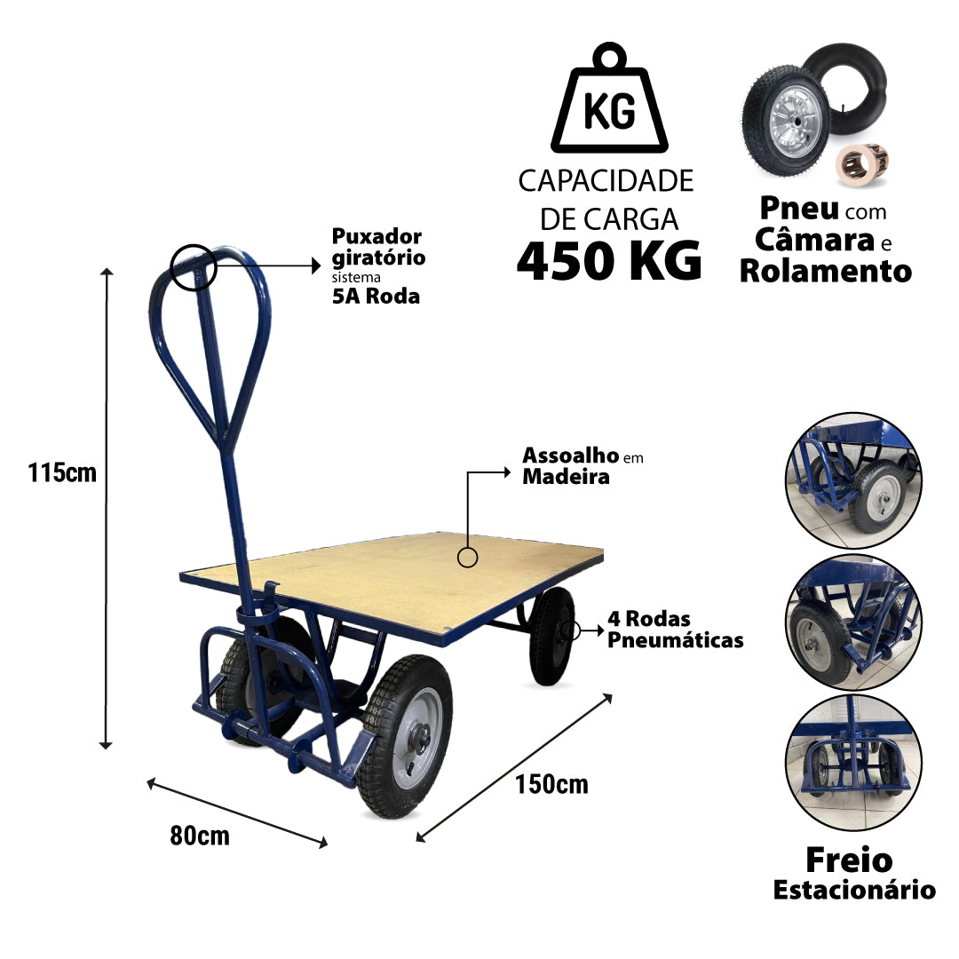 Carro Plataforma com Tampo em Madeira 450kg C-128-m