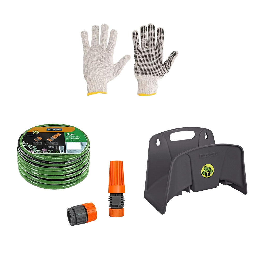 KIT MANGUEIRA FLEX PARA JARDIM 10M E SUPORTE FIXO PARA MANGUEIRA E LUVA TRAMONTINA