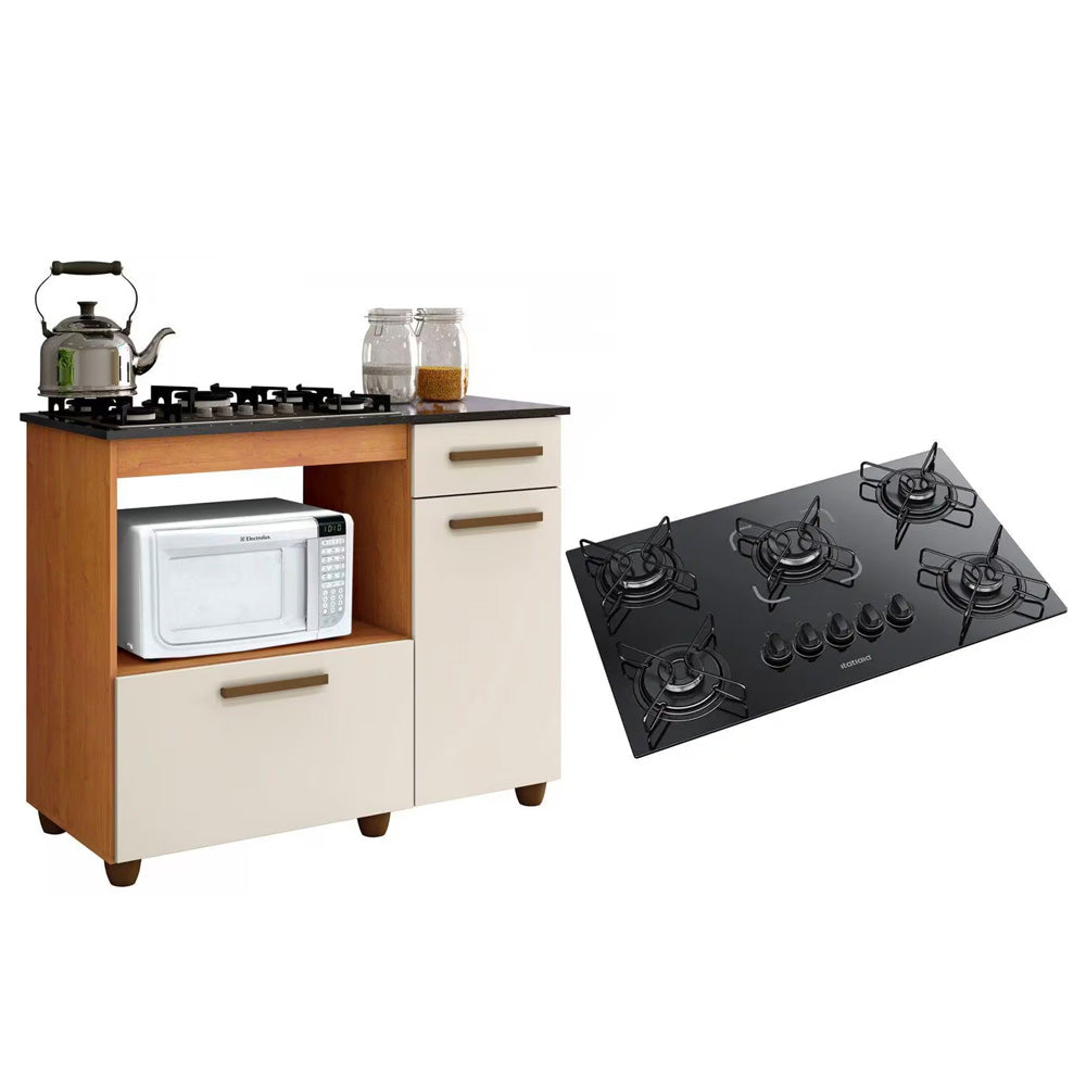 Kit Balcão Para Cooktop Cozinha Kaiki Violeta Nature/Off White com Fog