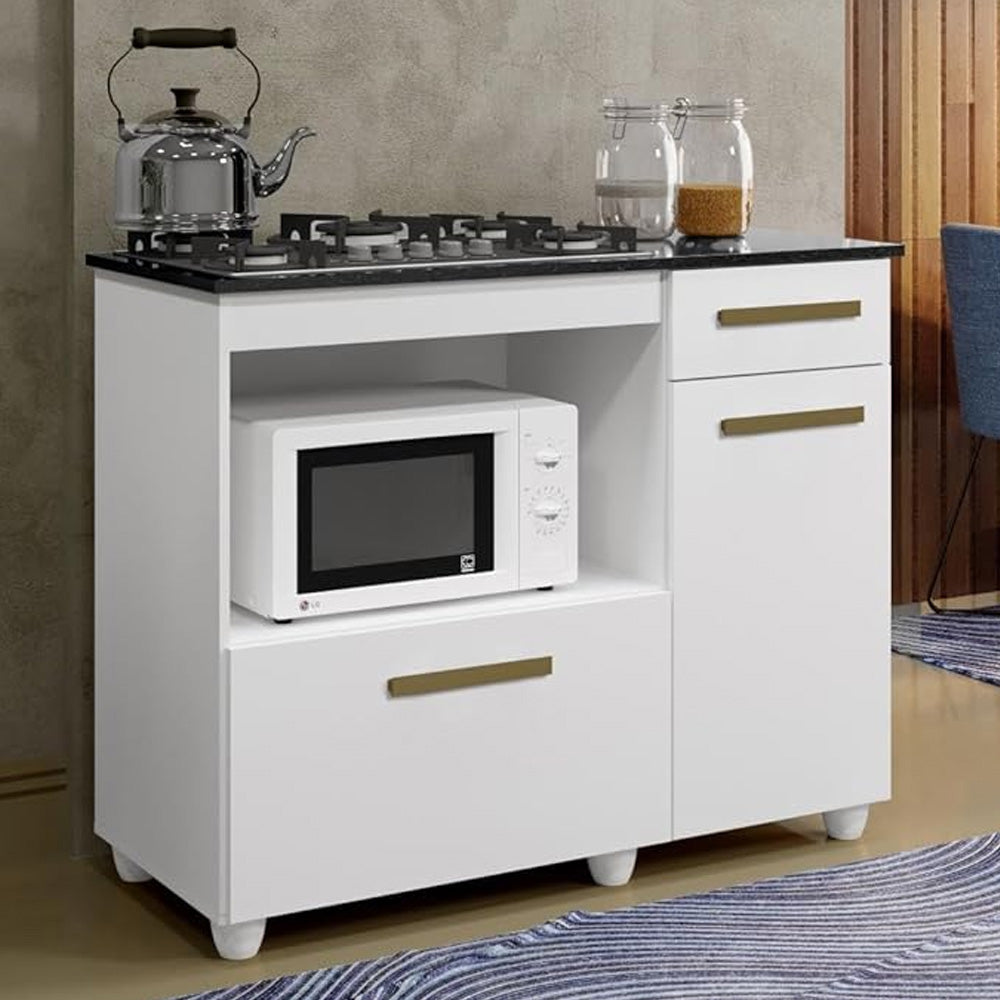 Kit Balcão Para Cooktop Cozinha Kaiki Violeta Branco com Fogão Cooktop 5 Bocas Itatiaia Essencial Preto