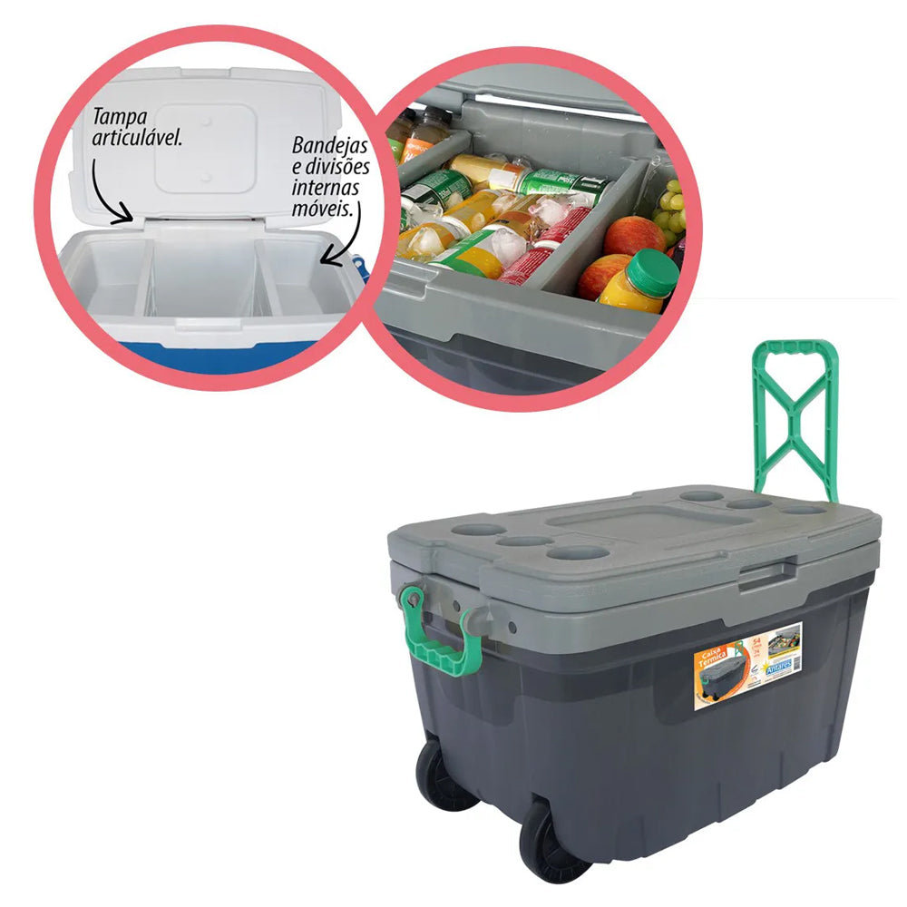 Caixa Térmica 54 Litros C/ Rodinha e Divisorias Camping, Pesca, Cooler