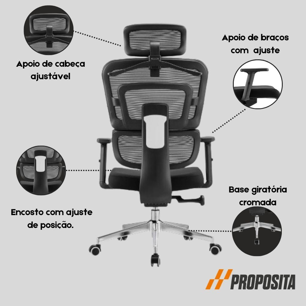Cadeira de Escritório Presidente Ergônomica Preta com Encosto Lombar Giratória Office C800 Proposita