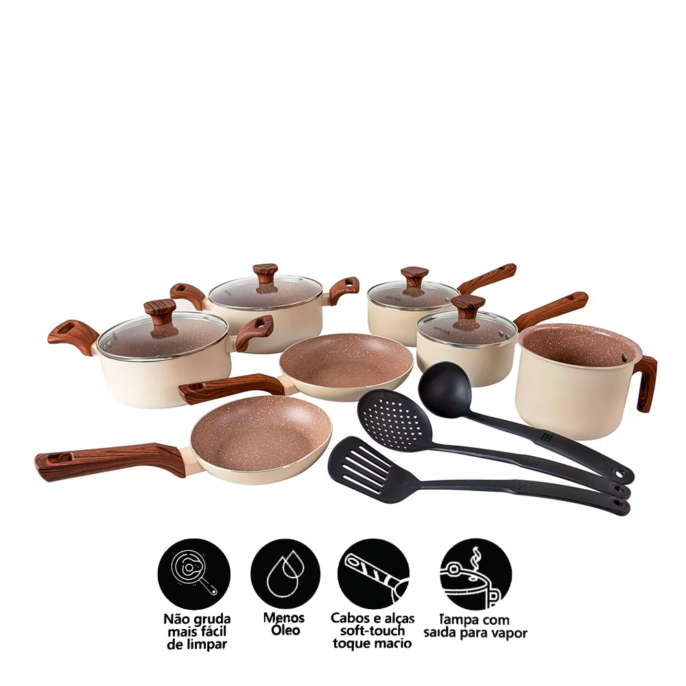 Jogo de Panelas 10 Pçs Indução Creme Revestimento Cerâmico