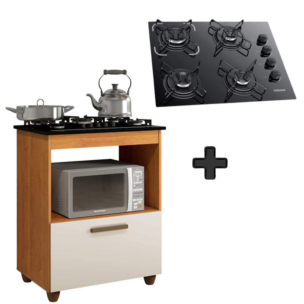 KIT BALCÃO SALVIA MAIS FOGÃO COOKTOP 4 BOCAS PRETO ITATIAIA