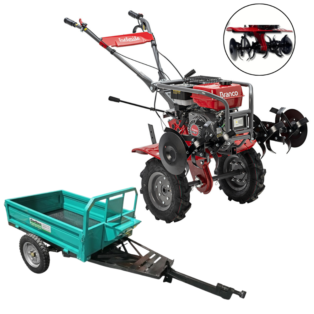 Kit Motocultivador Branco BTTG 7.5 7,5HP com Carretinha Garthen GCM-500F 500kg