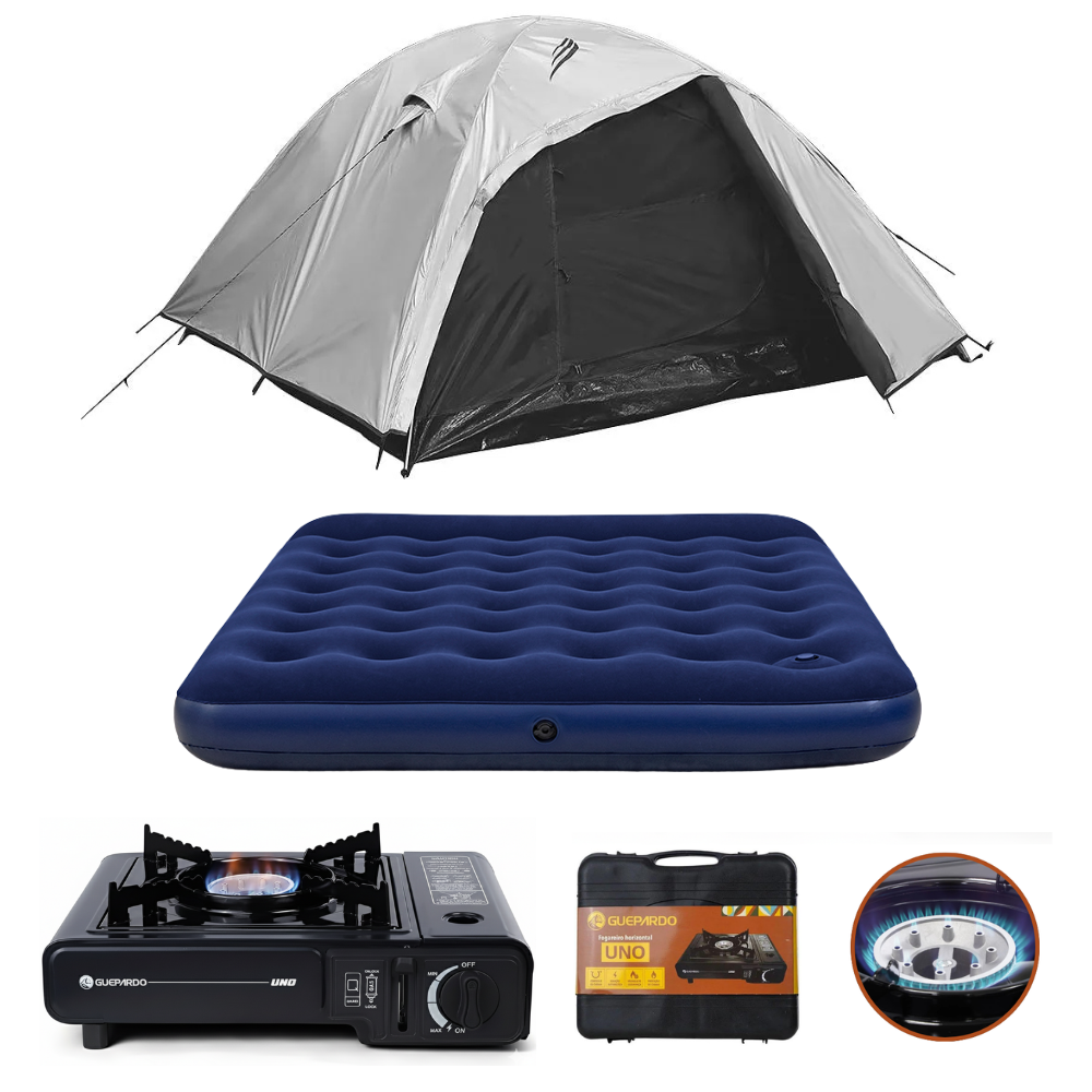 Kit Camping Maxi Com Barraca 4 Pessoas Onix Blackout, Colchão Casal Bomba Embutida e Fogareiro Nautika