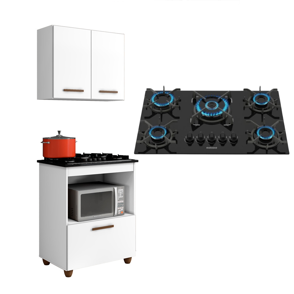 Kit Cozinha Balcão Armário Branco Salvia e Cooktop 5 Bocas Itatiaia