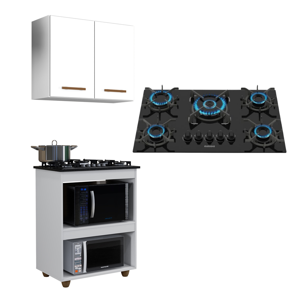 Kit Cozinha Balcão Armário Branco Turim e Cooktop 5 Bocas Itatiaia