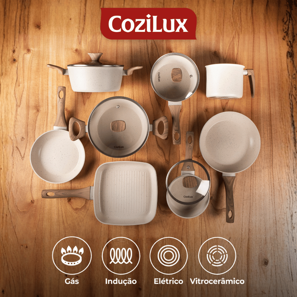 Jogo de Panelas Revestimento Cerâmico Antiaderente 8 Peças Indução Cozilux Linen Ceramic
