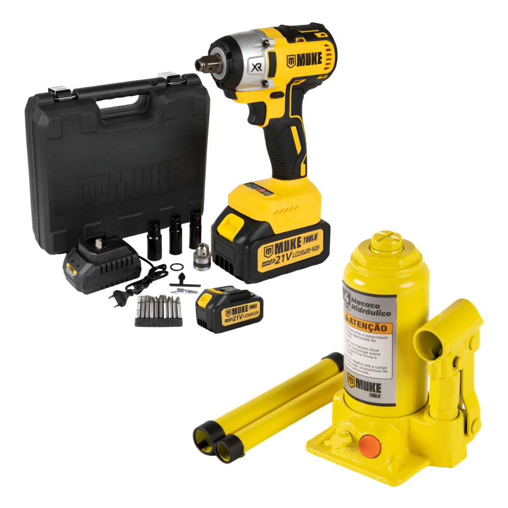Kit Chave de Impacto 21V Brushless 2 Baterias com Maleta + Macaco Garrafa 4 Toneladas Muke Tools