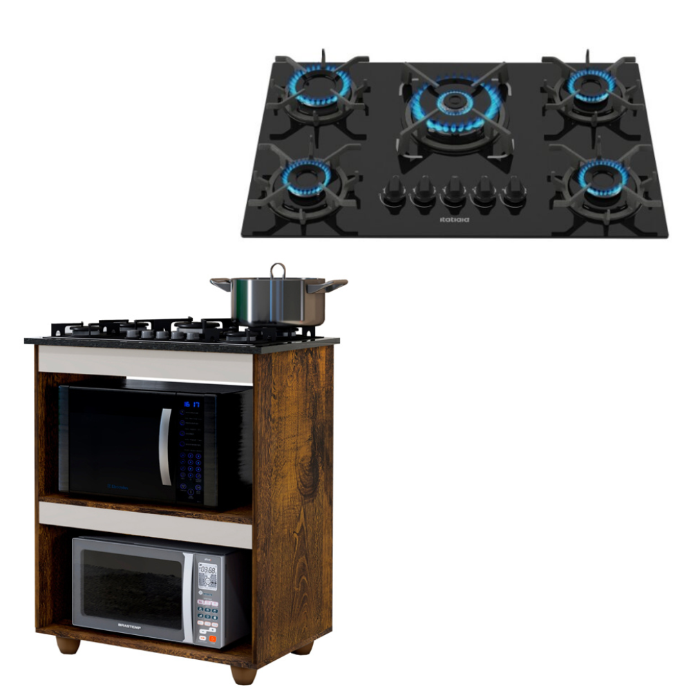 Kit Balcão Cooktop Turim Ype/off White com Fogão Cooktop 5 Bocas Itatiaia