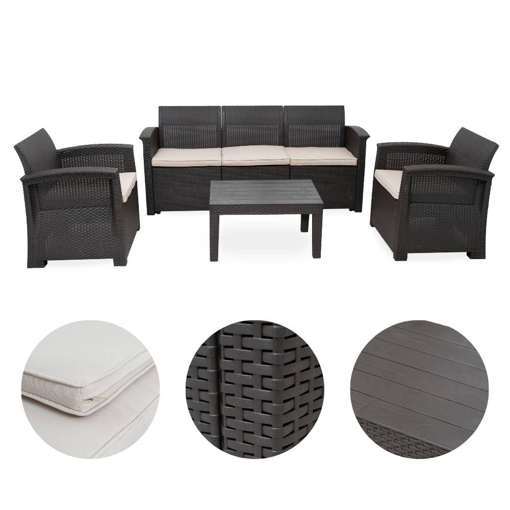 Conjunto de Sofá Jardim Rattan 5 Lugares SyberFlex Confort com Mesa e Almofadas