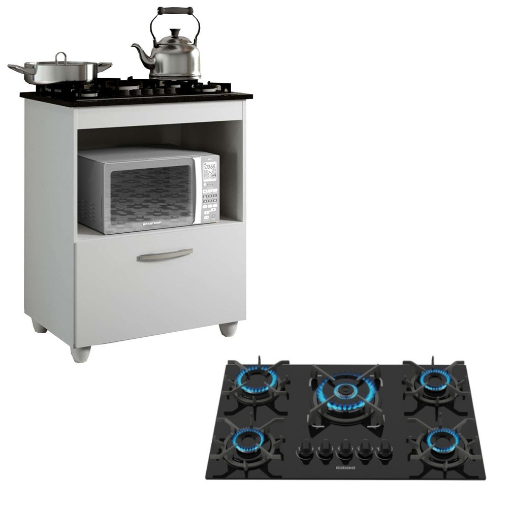 Kit Balcão Cooktop Itatiaia com 1 Porta Branco e Fogão Cooktop 5 Bocas