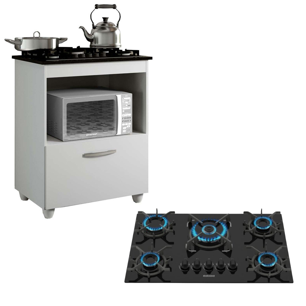 Kit Balcão Cooktop Kaiki Salvia com 1 Porta Branco e Fogão Cooktop 5 Bocas Itatiaia