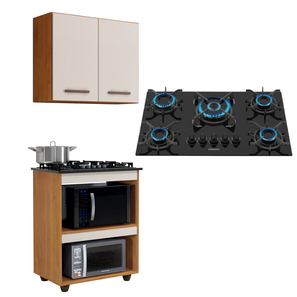 Kit Cozinha Balcão Armário Nature/off White Turim e Cooktop 5 Bocas Itatiaia