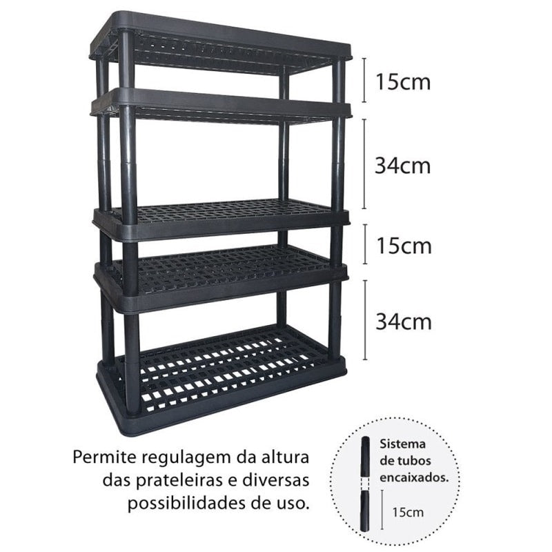 Estante Plástica 5 Níveis Preto Capacidade 250 Kg