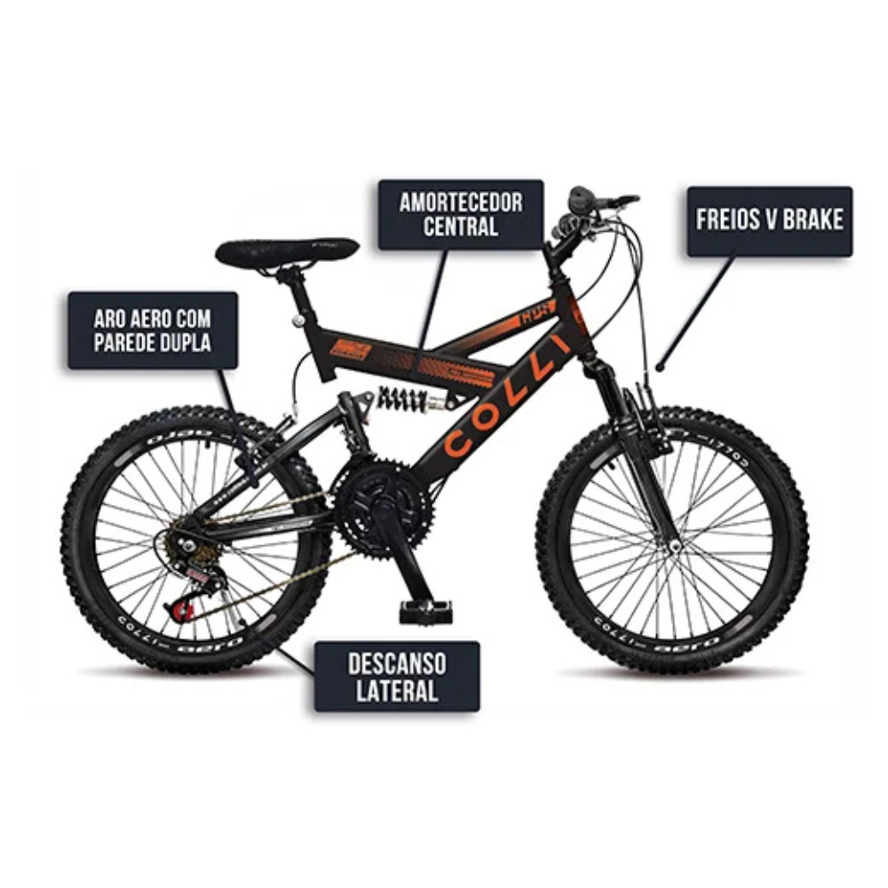 Bicicleta Aro 20 Infantil Colli GPS Dupla Suspensão 21 Marchas