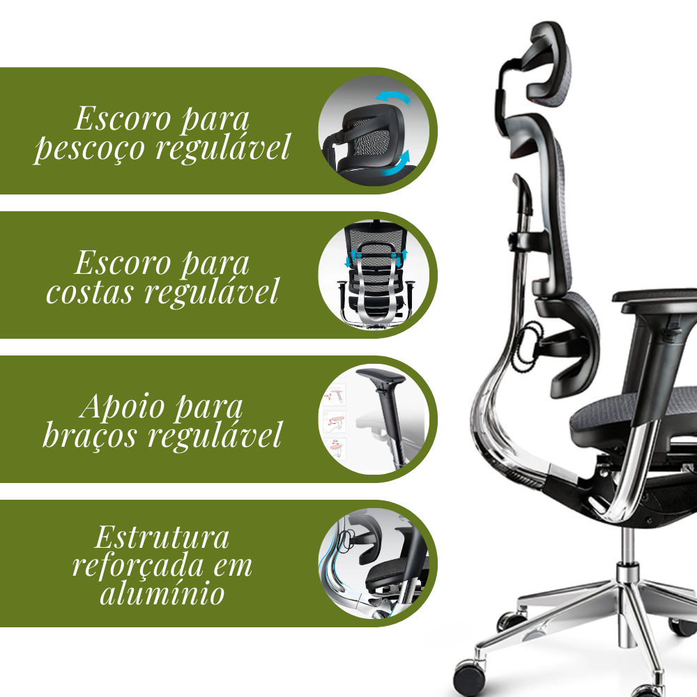 Cadeira de Escritório Ergonômica Executiva SyberFlex com Apoio de Pés Retrátil e Tela Mesh