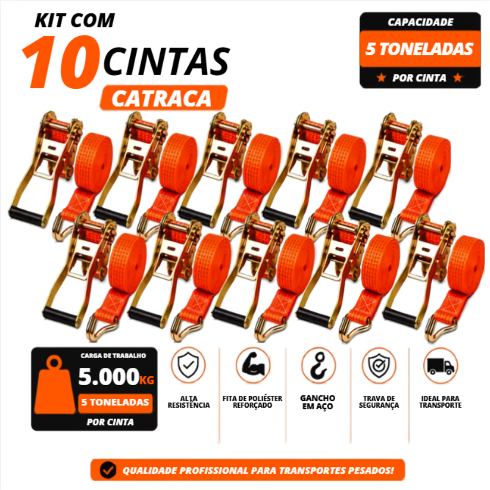 Kit 10 Cintas com Catraca para Amarração de Carga 5 Toneladas 9 Metros Muke Tools