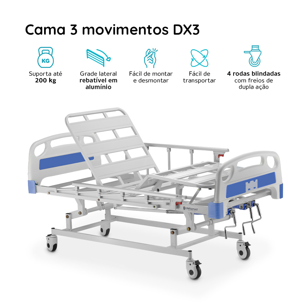 Cama Hospitalar DX3 3 Movimentos até 200 Kg Dellamed
