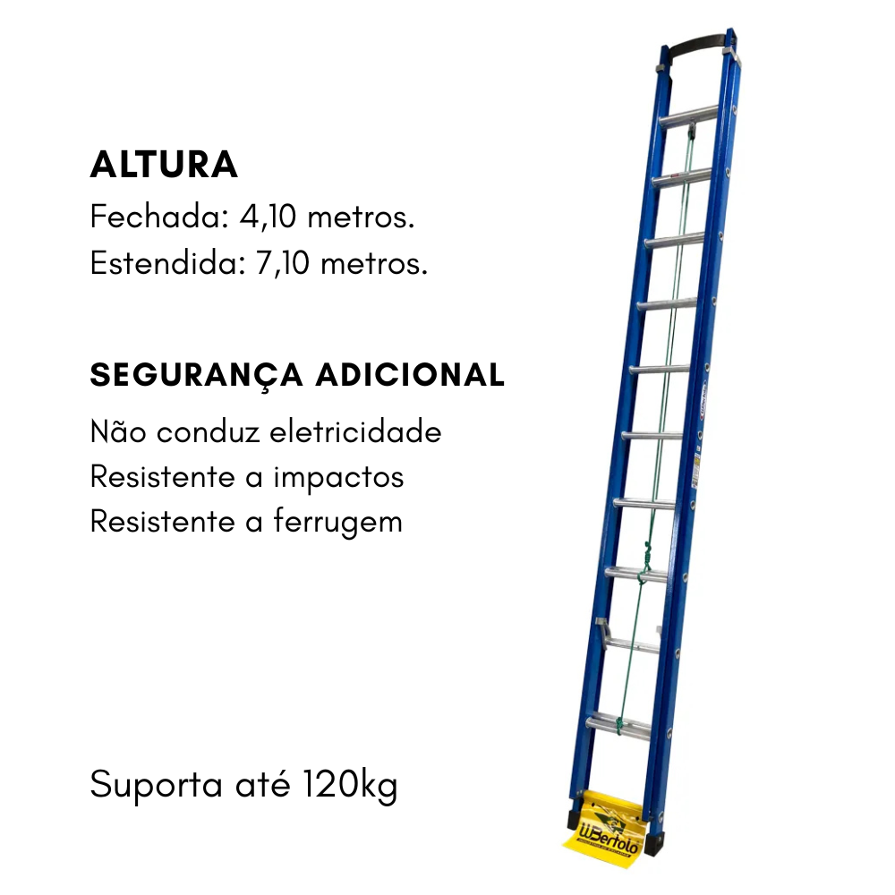 Escada de Fibra e Alumínio Extensível Premium 4,10x7,10m Tipo D 23 Degraus 120kg WBERTOLO