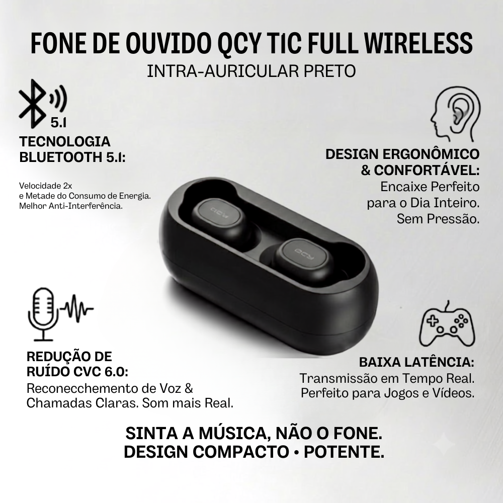 Fone de Ouvido Bluetooth QCY T1C IN2012 TWS com Microfone Preto