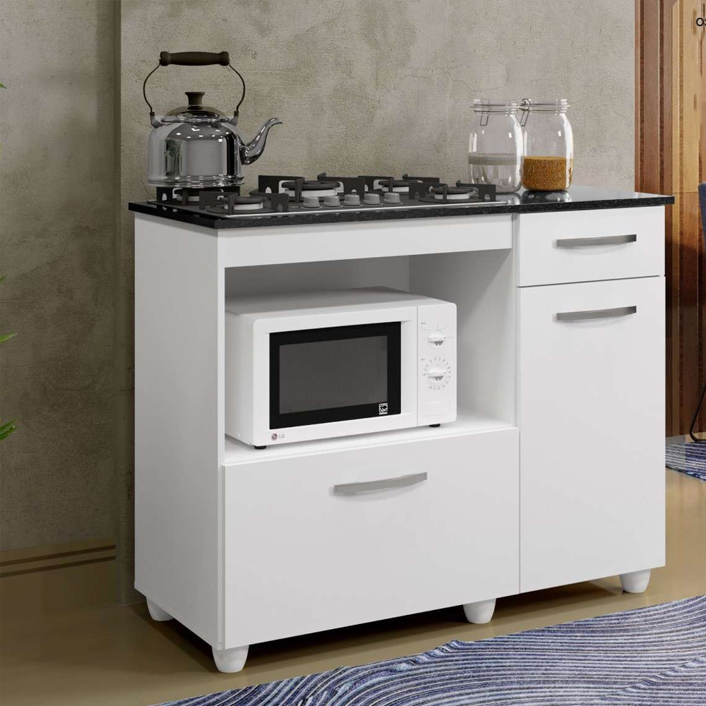 Kit Balcão Cooktop 2 Porta Basculante Violeta Branco com Fogão Cooktop 5 Bocas