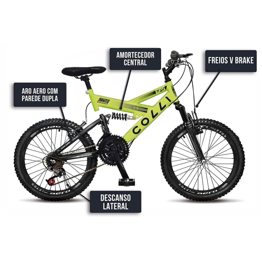 Bicicleta Aro 20 Infantil Colli GPS Dupla Suspensão 21 Marchas