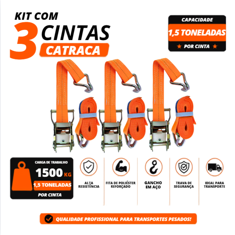 Kit 3 Cintas com Catraca para Amarração de Carga 1,5 Tonelada 9 Metros Muke Tools