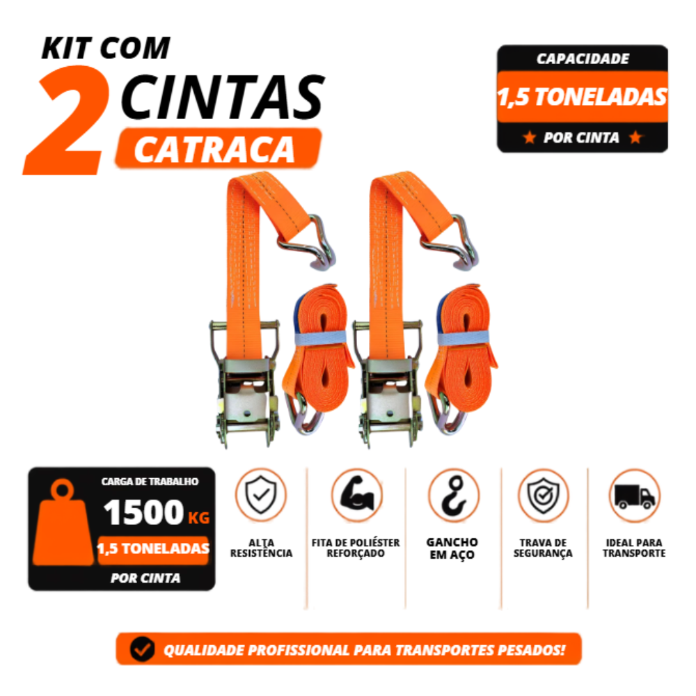 Kit 2 Cintas com Catraca para Amarração de Carga 1,5 Tonelada 9 Metros Muke Tools